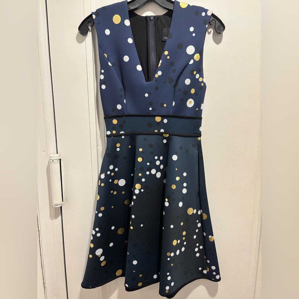 Cynthia Rowley Navy Cocktail Dress with Gold and White Polka Dots